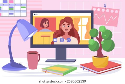 A desk with a computer and an online meeting, call, training, course. Communication between colleagues, friends and relatives. Vector illustration in a flat style