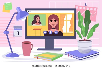 A desk with a computer and an online meeting, call, training, course. Communication between colleagues, friends and relatives. Vector illustration in a flat style