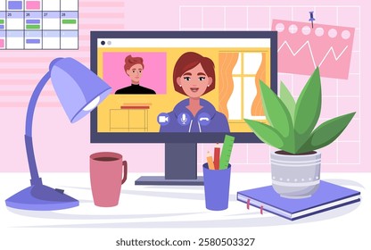 A desk with a computer and an online meeting, call, training, course. Communication between colleagues, friends and relatives. Vector illustration in a flat style