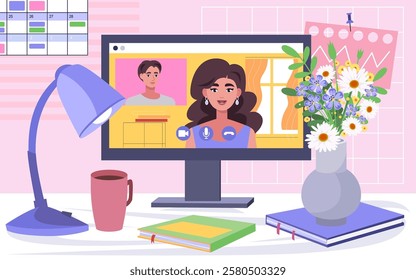 A desk with a computer and an online meeting, call, training, course. Communication between colleagues, friends and relatives. Vector illustration in a flat style