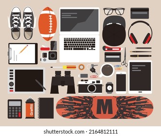 desk with computer and other things flat design, vector illustration