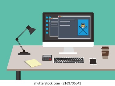 desk with computer and other things, vector illustration