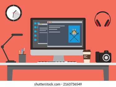 Desk with computer and other things, vector illustration