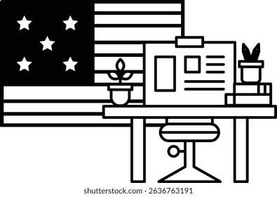 A desk with a computer and a plant next to a flag. The desk is set up for work or study