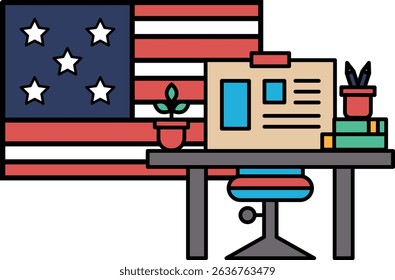 A desk with a computer, a potted plant, and a book. The desk is next to a large American flag