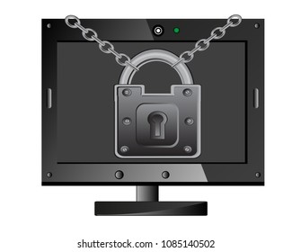 Desk computer protected padlocks from hacker.Vector illustration