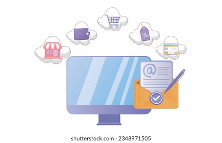Desk computer with social media marketing icons.on white background.Vector Design Illustration.