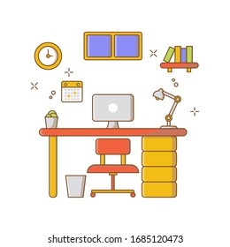 Desk with Computer Vector Icon Illustration. Icon Concept Brown Isolated. Flat Cartoon Style