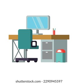 Desk with computer and wheeled chair for student teen room flat vector illustration