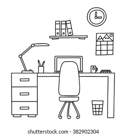 Desk With A Computer Or Workplace In Office Drawn By Hand Doodle Style. Vector Illustration.