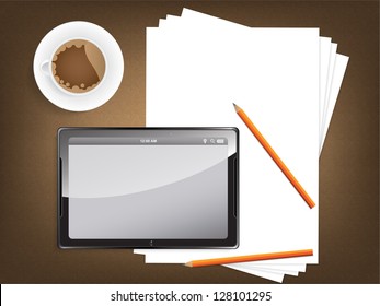 Desk concept with a blank paper, a cup of coffee and a modern tablet with space for text.