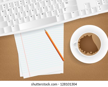 Desk concept with a blank paper, a cup of coffee and a keyboard.