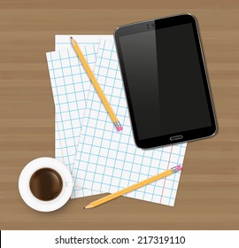 Desk concept with a blank paper, a cup of coffee and a modern tablet with space for text.