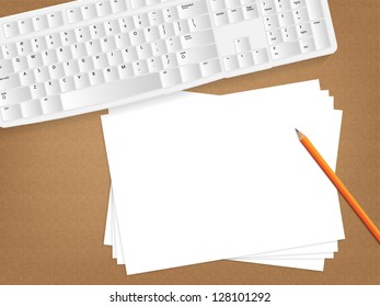 Desk concept with a blank paper and a keyboard on the upper left corner.