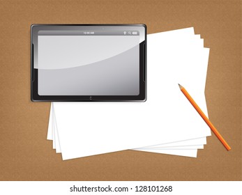 Desk concept with a blank paper and a modern tablet with space for text.