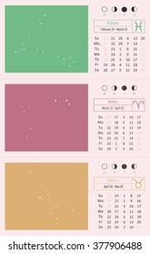 Desk constellation calendar of 2016 with moon phases, Spring. From february to may. Pisces, Aries, Taurus.  Vector illustration.