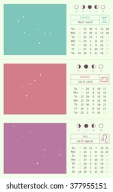 

Desk constellation calendar of 2016 with moon phases, Summer. From may to august. Gemini, Cancer, Leo. Vector illustration.