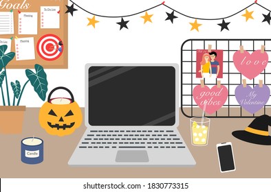 Girl’s desk decorated in Halloween theme.