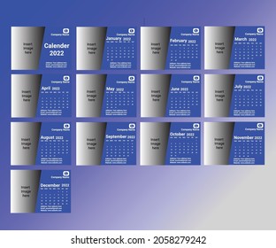 Desk сalendar design 2022. Week starts with Sunday. Monthly Calendar, vector, blue color them, editable calendar.