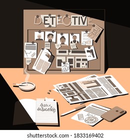 Desk Of A Detective, Investigator And Night Shift Worker. Late In The Evening, A Lamp Falls On The Desktop. Investigation, Evidence Board. View From Above. Flat Vector Illustration.
