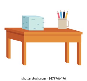 Desk with documents piled and pencils in cup ,vector illustration graphic design.