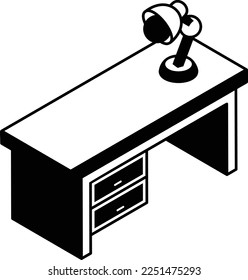 Escritorio con drenaje isométrico diseño de icono de vectores, símbolo de deco interior, signo de decoración de la oficina del hogar, ilustración de elementos de decoración residencial y comercial, tabla de estudio de sala de estar con concepto de lámpara