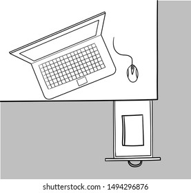 Desk drawer and laptop on the desk. Vector doodle illustration