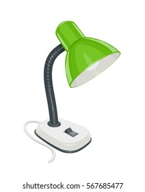 Lámpara eléctrica de escritorio con gorro verde. Dispositivo doméstico iluminante para un trabajo cómodo en la mesa. Ilustración vectorial. Fondo blanco aislado