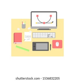 Desk elements of graphic designer vector color illustration