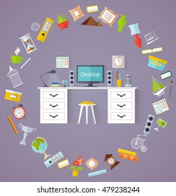 Desk with equipment and decor in the flat style. Vector illustration. The concept design of desktop for work and study.
