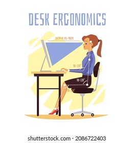 Desk ergonomics poster - cartoon woman at office desk with computer in correct sitting position. Corporate worker with perfect posture, flat vector illustration.