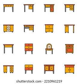 Schreibtisch ausgefüllte Linie Symbol-Set Vektorgrafik