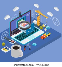 Schreibtisch mit einem flachen 3D-Laptop, Kran, Becher und intelligenten Uhren