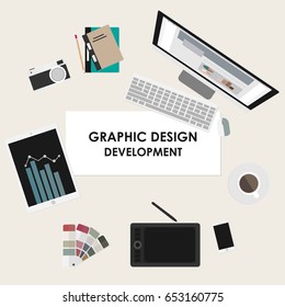 Desk flat design top view graphic design Management Vector illustration