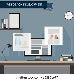 Desk flat design web design development vector illustration
