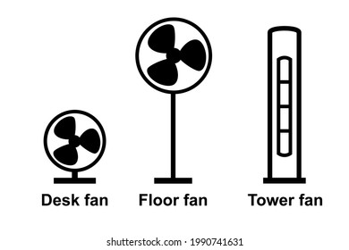 Desk Floor Tower Fan Icon Set. Clipart Image Isolated On White Background.