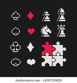 Desk game icons set, playing cards, chess pieces, puzzle, pixel art style design for web, sticker, mobile app, isolated black and white vector illustration. 1-bit sprite.