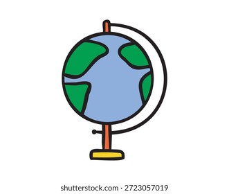 Globo de escritorio, icono de estudio de geografía, doodle escolar colorido, dibujado a mano. Ilustración vectorial.
