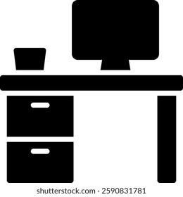 Desk glyph Icon. Office desk vector, workspace furniture icon, modern desk design, study table glyph illustration, home office symbol