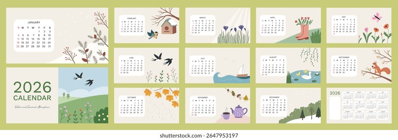Desk Horizontal Illustrated Calendar 2026 com cenas desenhadas à mão inspiradas na natureza. A semana começa no domingo