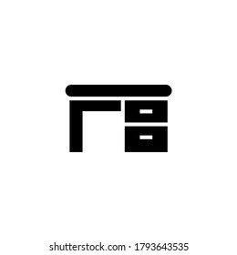 Desk icon in black flat glyph, filled style isolated on white background