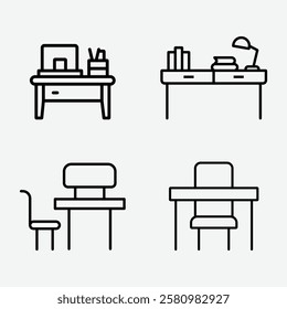 Desk Icon Bundle. Work and Study Desk Icons. Office and Workspace Icon Set. Minimalist Desk Outline Icons.