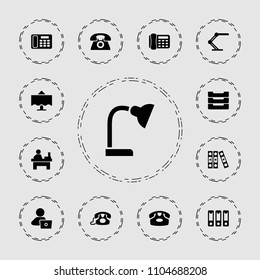 Desk icon. collection of 13 desk filled icons such as table, man with laptop, binder. editable desk icons for web and mobile.