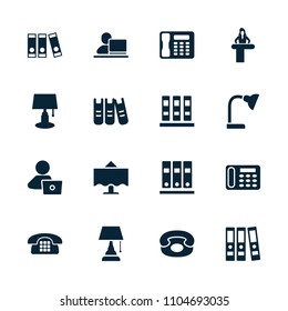 Desk icon. collection of 16 desk filled icons such as man with laptop, binder, table lamp. editable desk icons for web and mobile.