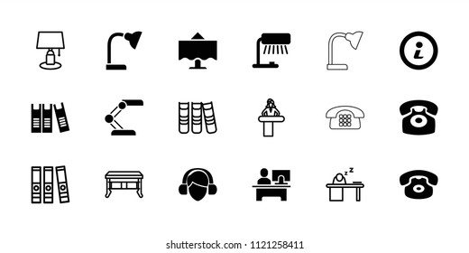 Desk icon. collection of 18 desk filled and outline icons such as table lamp, restaurant table, info, binder. editable desk icons for web and mobile.