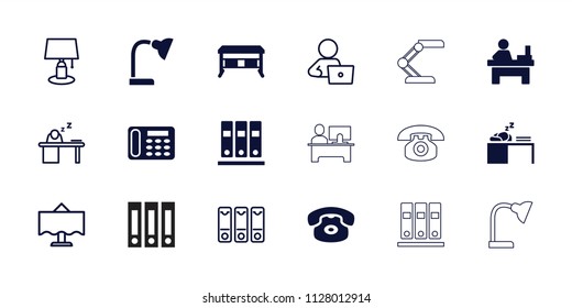 Desk icon. collection of 18 desk filled and outline icons such as table, man with laptop, table lamp. editable desk icons for web and mobile.