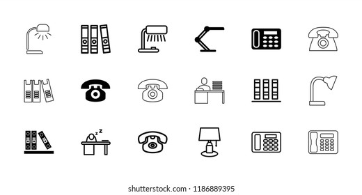 Desk icon. collection of 18 desk filled and outline icons such as binder, table lamp, man sleeping on table. editable desk icons for web and mobile.