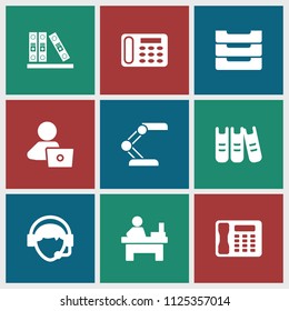 Desk icon. collection of 9 desk filled icons such as table, man with laptop, operator, binder, table box. editable desk icons for web and mobile.