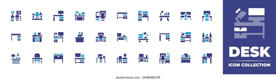 Desk icon collection. Duotone color. Vector illustration. Containing desk, student in class, workplace, table, reception desk, reception, workspace, president, studio.