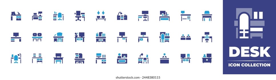 Desk icon collection. Duotone color. Vector illustration. Containing reception, coworking space, workspace, desk, information, arrangement, school desk, computer, office, teacher desk.